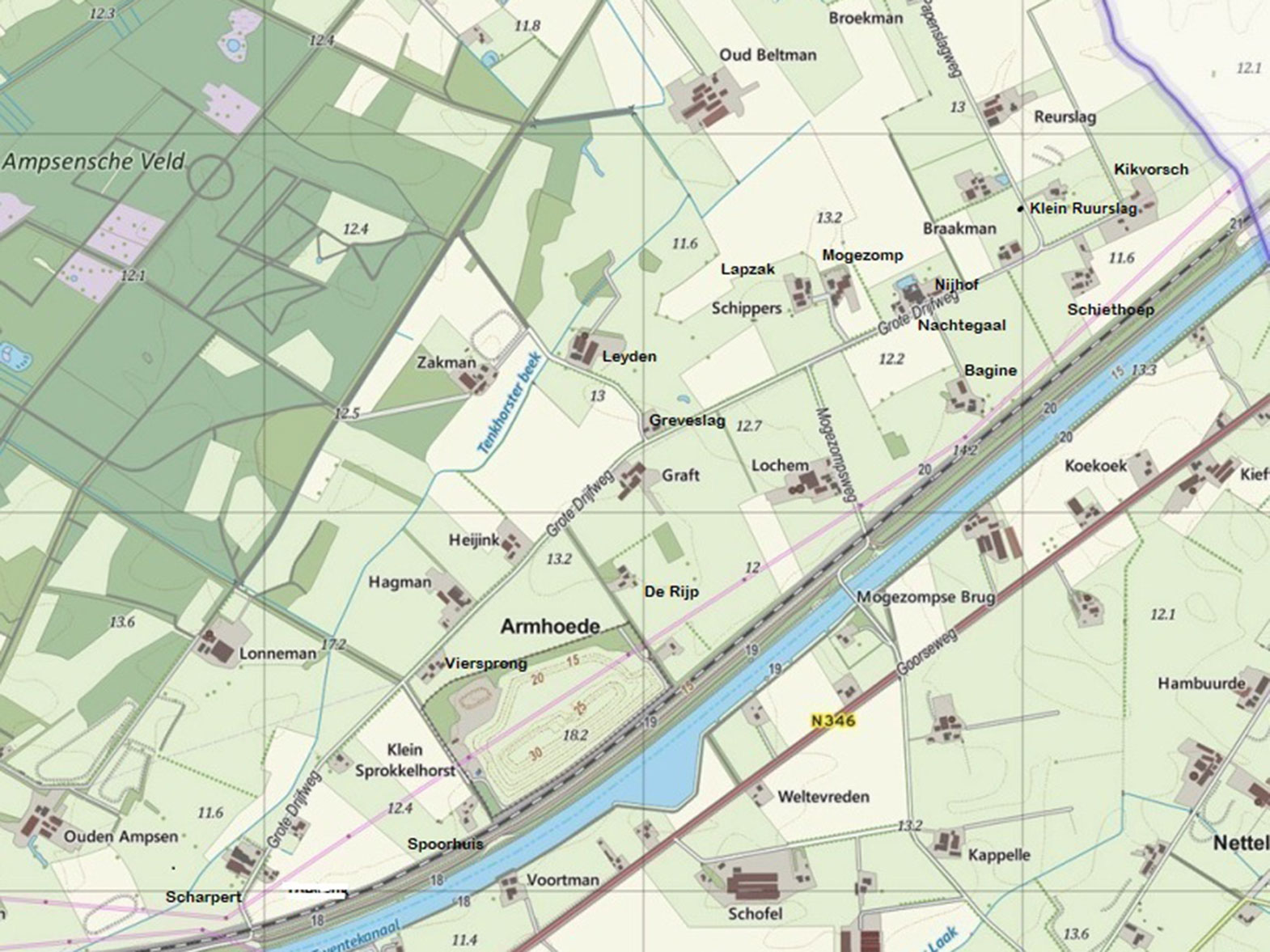 Topografische kaart van de Armhoede met boerderijnamen